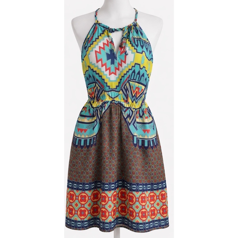 Peach‎ Love California M Boho Aztec Halter Mini Dress